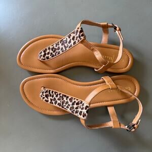 Cole Haan Women's Sandal Brown Leather Horsehair Cheetah Print Thong Size 8.5